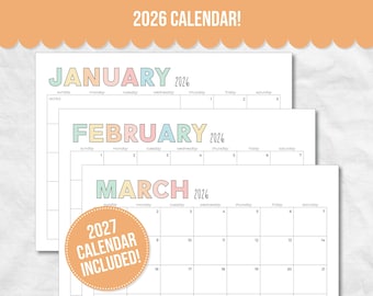 EDITABLE 2026 Calendar Printable, Sunday Start, Letter, Monthly Planner Landscape, Minimal Monthly Calendar, 2026 Printable Calendar, 2027