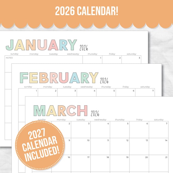 EDITABLE 2026 Calendar Printable, Sunday Start, Letter, Monthly Planner Landscape, Minimal Monthly Calendar, 2026 Printable Calendar, 2027