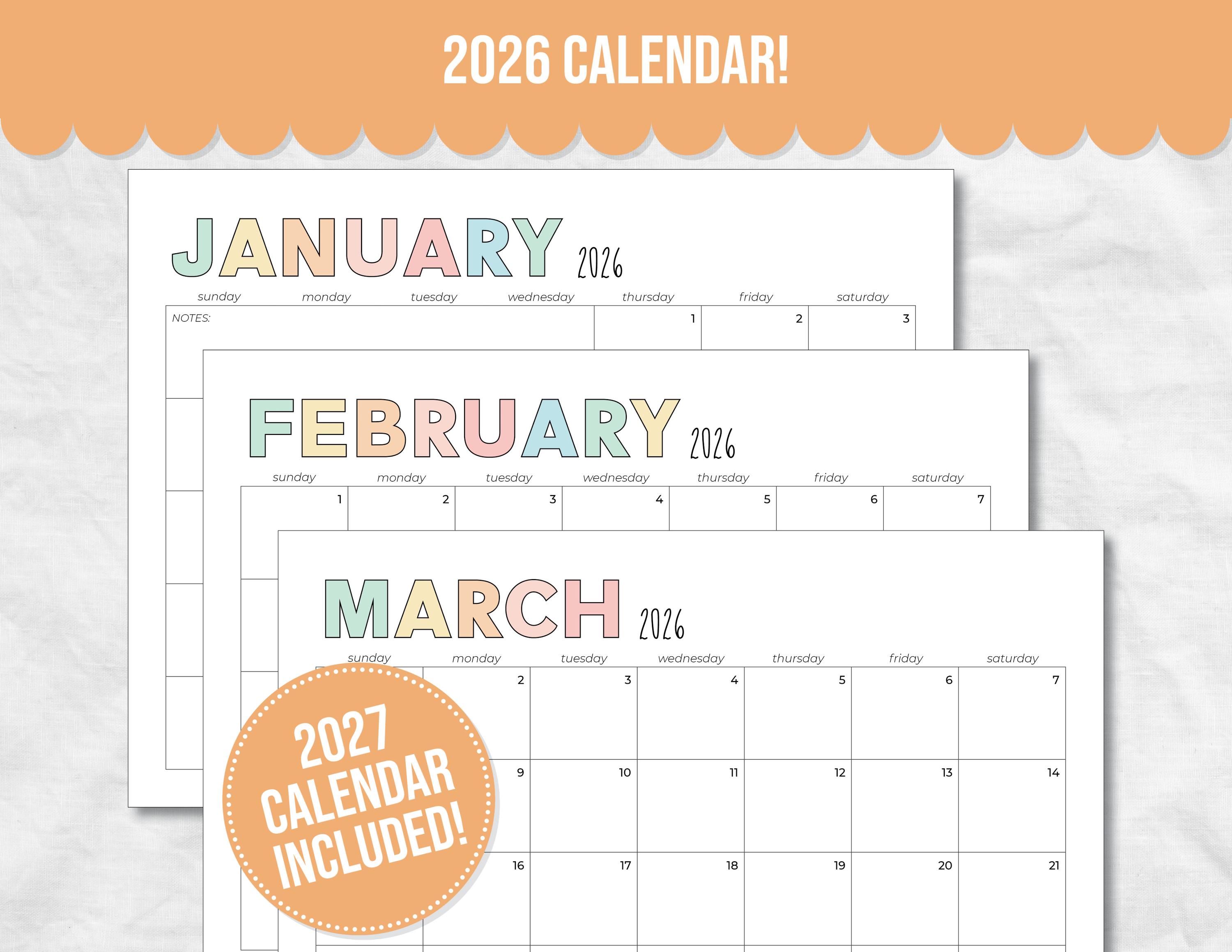 2025年・2026（2027）年 年間カレンダー （ボックス型・日曜始まり 