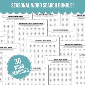 Themed Word Search Bundle Printable Puzzle Game for Adult, Seasonal Word Searches, Holiday Word Search, Fall Word Search, Solutions Included