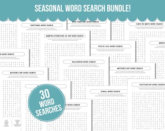 Themed Word Search Bundle Printable Puzzle Game for Adult, Seasonal Word Searches, Holiday Word Search, Fall Word Search, Solutions Included