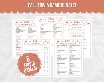 Może przedstawiać: Zestaw pięciu gier quizowych o tematyce jesiennej. Gry obejmują kategorie takie jak "Crazy Weird Trivia", "Trivia Game", "Which Came First?", "Fact or Fiction" i "Pumpkin (Spice) Trivia". Tytuł to "Fall Trivia Game Bundle!"