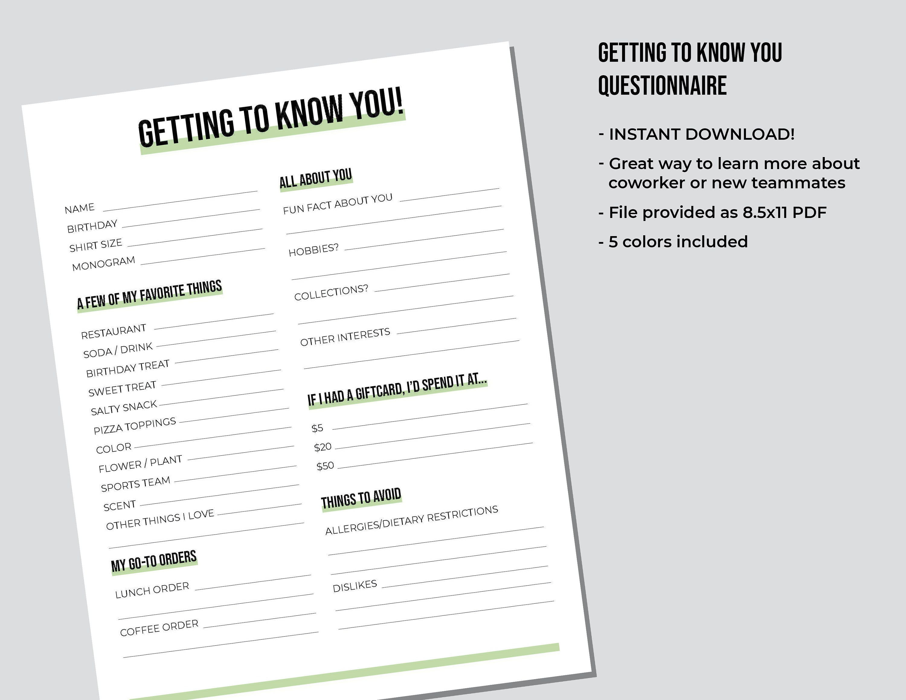 New Team Questionnaire.pdf Employee Questionnaire All About Me for New Team Members - Etsy