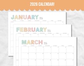 EDITABLE 2026 Calendar Printable, Sunday Start, Letter, Monthly Planner Landscape, Minimal Monthly Calendar, 2026 Printable Calendar