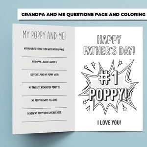 Op de afbeelding: Zwart-witte printbare kleurplaat en invulvragen voor Vaderdag. De pagina bevat een stripboekachtige illustratie van een spraakballon met de tekst "#1 POPPY!" en de woorden "Happy Father's Day!" en "I Love You!"