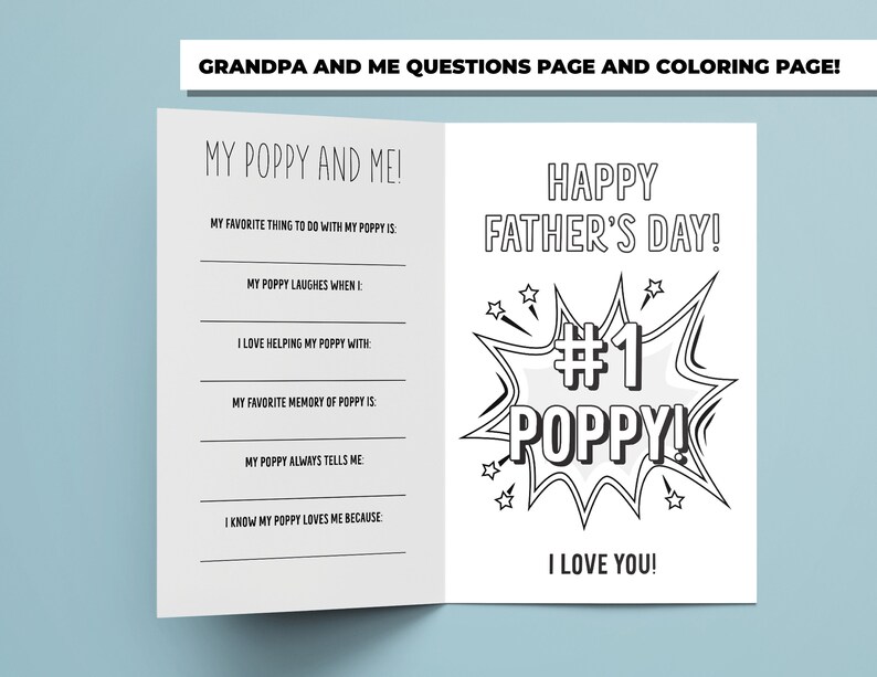 Op de afbeelding: Zwart-witte printbare kleurplaat en invulvragen voor Vaderdag. De pagina bevat een stripboekachtige illustratie van een spraakballon met de tekst "#1 POPPY!" en de woorden "Happy Father's Day!" en "I Love You!"