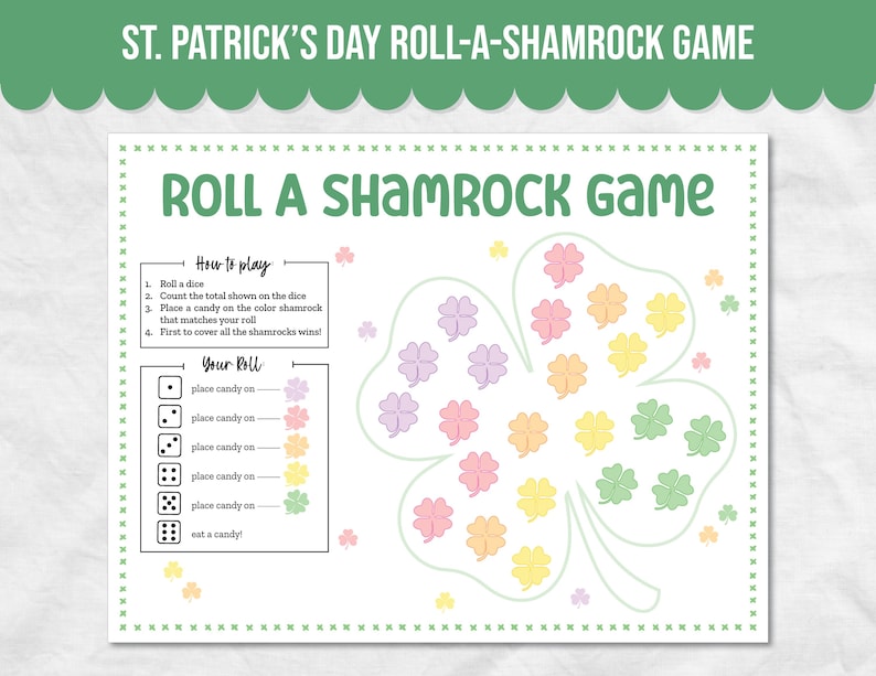 Roll a Shamrock Game for St Patricks Day Classroom Activity, St Patricks Activity, Fun St Paddys Day Game for Kids School Party Game image 1
