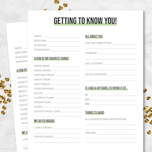 Employee Questionnaire, All About Me for new Team Members, Gift Exchange Survey and Favorite Things Quiz, New Hire Survey for Teambuilding
