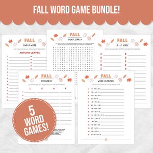 May include: A fall-themed word game bundle with five different games. The bundle includes a word search, find-a-word, A-Z race, categories, and word scramble games. The games are decorated with fall leaves and the word "FALL". A circular graphic says "5 WORD GAMES!"