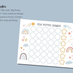 Puede incluir: Un gr&aacute;fico de entrenamiento para ir al ba&ntilde;o imprimible con un dise&ntilde;o de arco&iacute;ris. El gr&aacute;fico tiene 25 c&iacute;rculos para marcar el progreso y una fila de estrellas para recompensas. El texto "My Potty Chart!" est&aacute; en la parte superior del gr&aacute;fico.