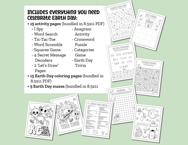Earth Day Printable Activity Bundle with Coloring Pages, Word Search, Word Scramble, Games & Maze Activities! Earth Day Kids Activities image 2