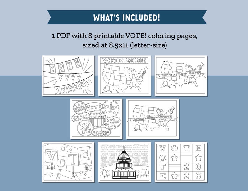 VOTE! Coloring Pages for 2026 Election, 8 Coloring Sheets with VOTE message, Perfect for an election classroom activity image 2