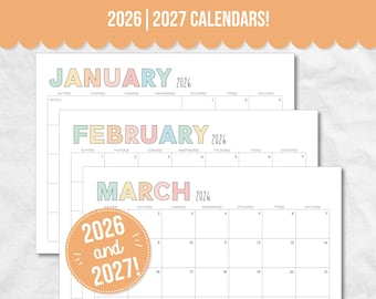 EDITABLE 2027 Calendar Printable, Sunday Start, Letter, Monthly Planner Landscape, Minimal Monthly Calendar, 2026 Printable Calendar