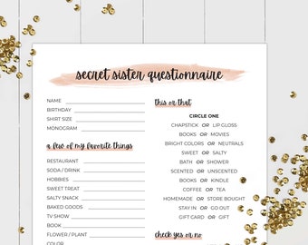 Secret Sister Questionnaire, Gift Exchange Survey and Favorite Things Quiz, Secret Sister Printable, All About Me, Instant Download PDF