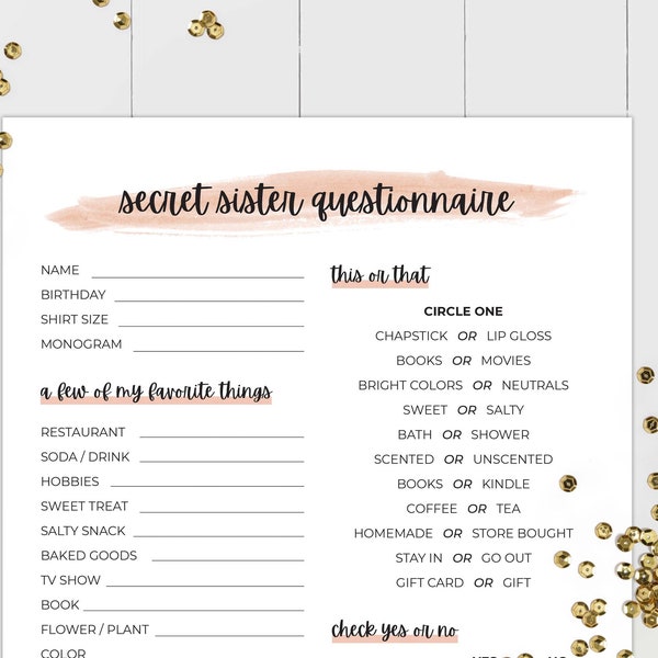 Secret Sister Questionnaire, Gift Exchange Survey and Favorite Things Quiz, Secret Sister Printable, All About Me, Instant Download PDF