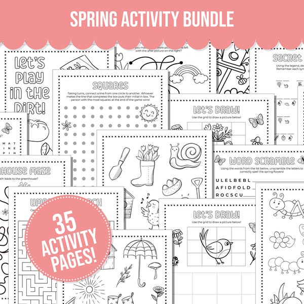 Spring Printable Activity Bundle with Coloring Pages, Word Search, Word Scramble, Games & Maze Activities! Spring Kids Activities