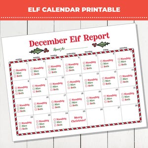 Afdrukbaar elfenrapportkalender, decemberelfkalender, elf in staking, aftellen naar kerstmis, pdf direct downloaden, elfjeskaart afdrukbaar