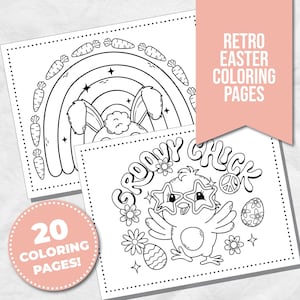 Peut inclure: Un ensemble de 20 pages &agrave; colorier en noir et blanc avec des motifs de P&acirc;ques r&eacute;tro. Les pages comprennent un lapin avec un arc-en-ciel, un poussin avec des lunettes de soleil et le texte "Groovy Chick".