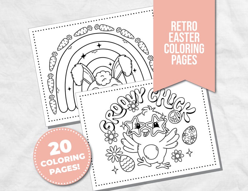 Peut inclure: Un ensemble de 20 pages &agrave; colorier en noir et blanc avec des motifs de P&acirc;ques r&eacute;tro. Les pages comprennent un lapin avec un arc-en-ciel, un poussin avec des lunettes de soleil et le texte "Groovy Chick".