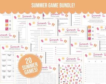 Puede incluir: Un conjunto de 20 juegos de verano imprimibles. Los juegos incluyen una mezcla de juegos de palabras, búsquedas del tesoro, trivial y más. Los juegos están diseñados con un tema de flamenco rosa y paleta de hielo.