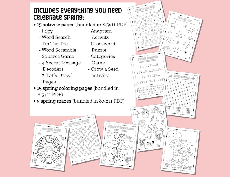 Spring Printable Activity Bundle with Coloring Pages, Word Search, Word Scramble, Games & Maze Activities! Spring Kids Activities image 2