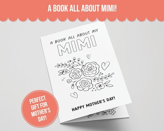 Allt om Mimi utskrivbar bok för mors dag, gör-det-själv-aktivitet för barn på mors dag, utskrivbara presenter till Mimi, målarkort för Mimi