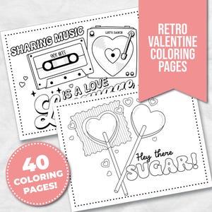 Retro Valentine Coloring Pages for Kids - 40 Groovy and Festive Coloring Sheet Bundle for Valentines Day Coloring Fun image 1