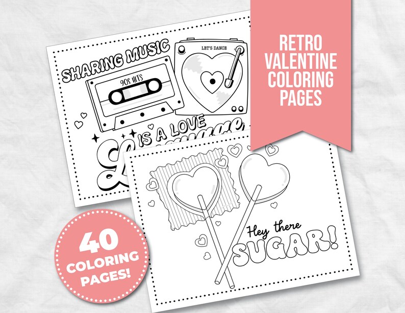 Retro Valentine Coloring Pages for Kids - 40 Groovy and Festive Coloring Sheet Bundle for Valentines Day Coloring Fun image 1
