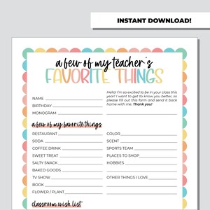 All About the Teacher Printable With Classroom Wishlist, Teacher ...