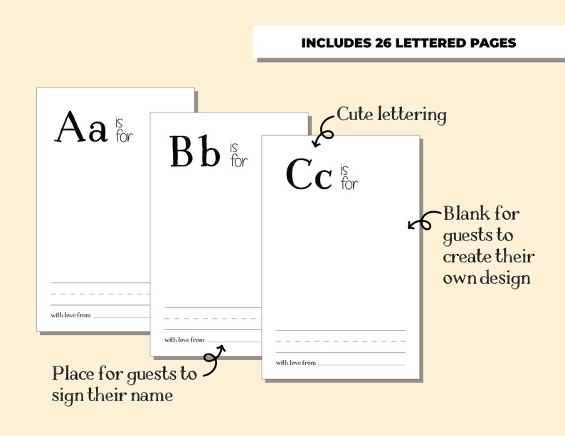 May include: Printable alphabet pages for a baby shower or birthday party. Each page features a letter of the alphabet with space for guests to write their name and a blank space for guests to create their own design.