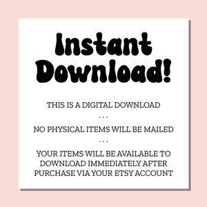 Peut inclure: Carte blanche avec du texte noir qui indique "T&eacute;l&eacute;chargement instantan&eacute; !" Ceci est un t&eacute;l&eacute;chargement num&eacute;rique. Aucun article physique ne sera exp&eacute;di&eacute;. Vos articles seront disponibles en t&eacute;l&eacute;chargement imm&eacute;diatement apr&egrave;s l'achat via votre compte Etsy.