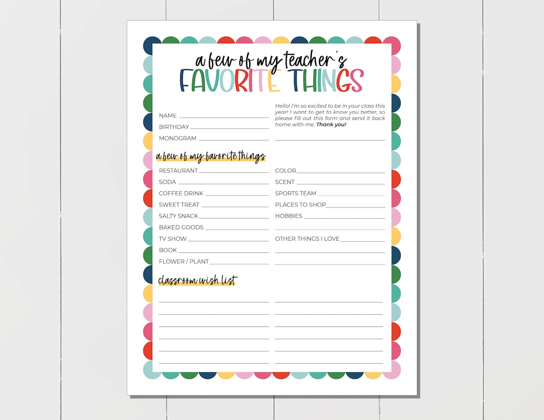 Teacher Favorite Things, All About the Teacher Printable With Classroom Wishlist, Teacher Questionnaire, Questions for Teachers - Etsy for Teacher Favorite Things Free Printable