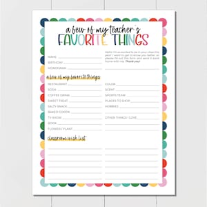 Teacher Favorite Things, All About the Teacher Printable with Classroom Wishlist, Teacher Questionnaire, Questions for Teachers