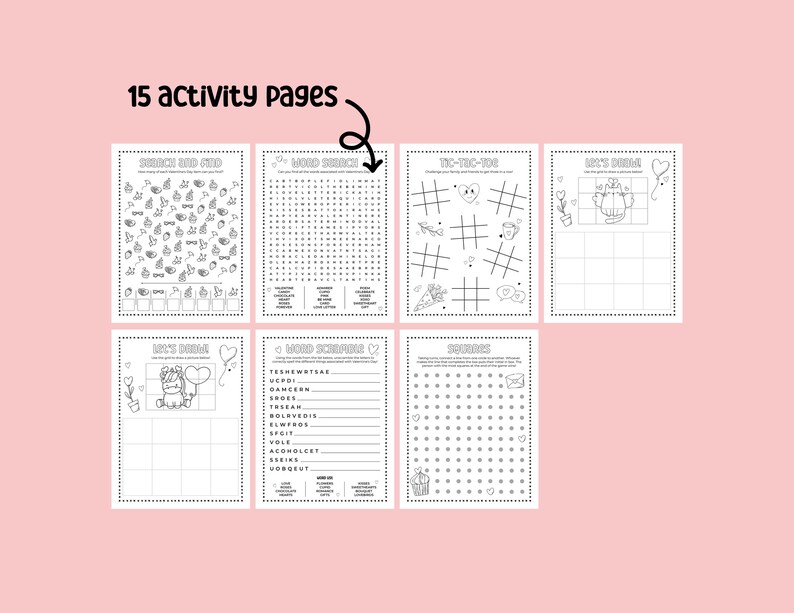Pacote de atividades imprimíveis para o Dia dos Namorados com páginas para colorir, caça-palavras, palavras embaralhadas, jogos e labirintos! Atividades infantis para o Dia dos Namorados imagem 3