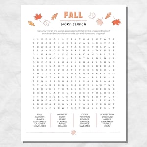 May include: A white paper with a fall-themed word search puzzle. The title "FALL WORD SEARCH" is at the top, with a list of words to find below the puzzle. The words include "Autumn", "Leaves", "Harvest", and "Cider".