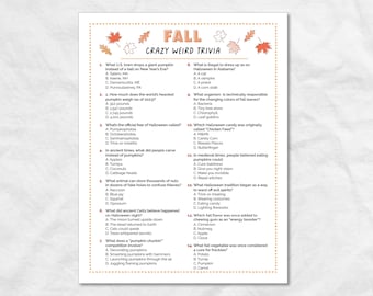 May include: A white paper with fall-themed trivia questions. The title "FALL CRAZY WEIRD TRIVIA" is at the top, with decorative orange leaves. Questions cover Halloween and fall traditions, with multiple-choice answers.