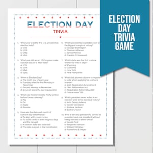 Puede incluir: Un juego de trivia del Día de las Elecciones para imprimir con 10 preguntas y respuestas. El juego está diseñado en colores rojo, blanco y azul con estrellas y una pancarta azul que dice "Election Day Trivia Game".