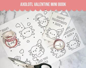 Axolotl Valentinstag Mini Buch, Valentinstag Party, Klassenzimmer Mini Malbuch, NonCandy Valentinstag, druckbare Kinder Valentinstag Karte
