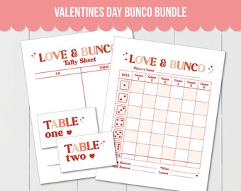 Valentines Day Bunco Game Night Bundle - Bunco Score Sheets, Tally Sheets, Table Numbers for a Heart Theme  Bunco Game Night!