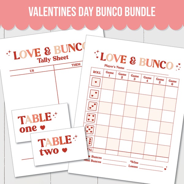 Valentines Day Bunco Game Night Bundle - Bunco Score Sheets, Tally Sheets, Table Numbers for a Heart Theme  Bunco Game Night!