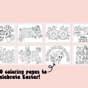 Peut inclure: Un ensemble de huit pages &agrave; colorier en noir et blanc repr&eacute;sentant des illustrations sur le th&egrave;me de P&acirc;ques. Les illustrations comprennent des lapins, des &oelig;ufs, des carottes et les mots "Joyeuses P&acirc;ques", "Groovy Easter", "Hop Hop", "Ne t'inqui&egrave;te pas, sois heureux", "Je suis l&agrave; pour les carottes", et "Suivez ce lapin !"