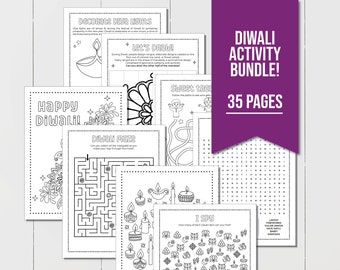 Diwali Printable Activity Bundle including Coloring Pages, Word Search, Word Scramble, Games, Maze Activity and More! Diwali Kids Activities