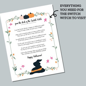 Puede incluir: Una tarjeta de Halloween imprimible con un sombrero de bruja y un borde floral. El texto dice "from the desk of the Switch Witch" e incluye un poema sobre la tradici&oacute;n de la Switch Witch. La tarjeta tambi&eacute;n dice "Everything you need for the Switch Witch to visit!" y "Happy Halloween!"