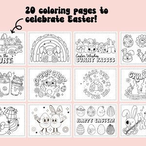 Peut inclure: Un ensemble de 20 pages &agrave; colorier en noir et blanc avec des illustrations sur le th&egrave;me de P&acirc;ques. Les illustrations comprennent des lapins, des &oelig;ufs, des poussins, des arcs-en-ciel et d'autres symboles de P&acirc;ques. Le texte "20 pages &agrave; colorier pour c&eacute;l&eacute;brer P&acirc;ques !" est en haut de l'image.