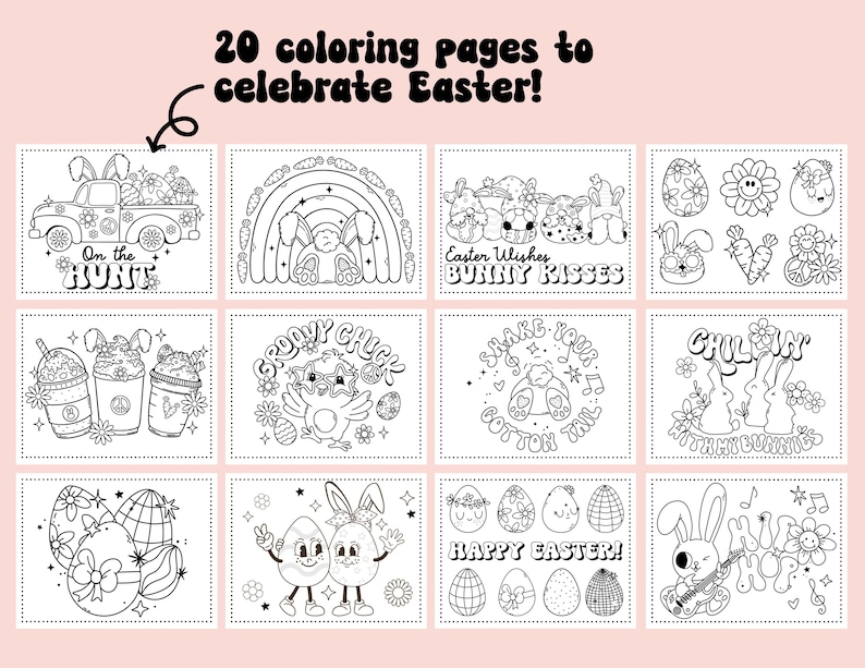 Peut inclure: Un ensemble de 20 pages &agrave; colorier en noir et blanc avec des illustrations sur le th&egrave;me de P&acirc;ques. Les illustrations comprennent des lapins, des &oelig;ufs, des poussins, des arcs-en-ciel et d'autres symboles de P&acirc;ques. Le texte "20 pages &agrave; colorier pour c&eacute;l&eacute;brer P&acirc;ques !" est en haut de l'image.