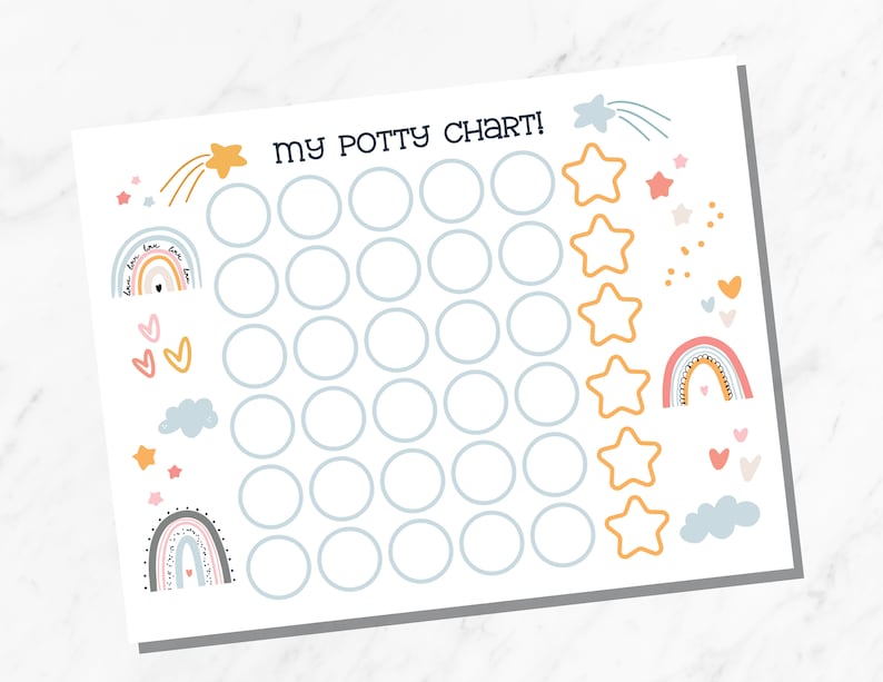 Puede incluir: Un gr&aacute;fico de entrenamiento para ir al ba&ntilde;o imprimible blanco con un arco&iacute;ris, estrellas y corazones. El gr&aacute;fico tiene 35 c&iacute;rculos para hacer un seguimiento del progreso del entrenamiento para ir al ba&ntilde;o y una secci&oacute;n para agregar estrellas como recompensas.