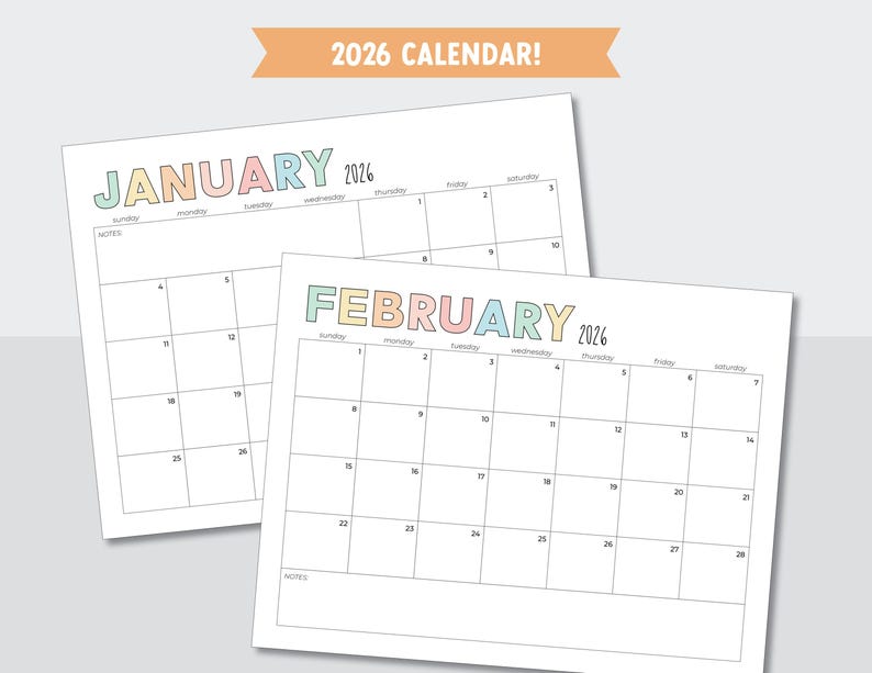K&ouml;nnte beinhalten: Zwei Monatskalender 2026, Januar und Februar, mit pastellfarbenem Text. Das Wort "JANUAR" ist in Regenbogenfarben gehalten, und "FEBRUAR" ist in Pastellfarben gehalten. Die Kalender haben ein einfaches Rasterlayout mit Daten und Platz f&uuml;r Notizen.