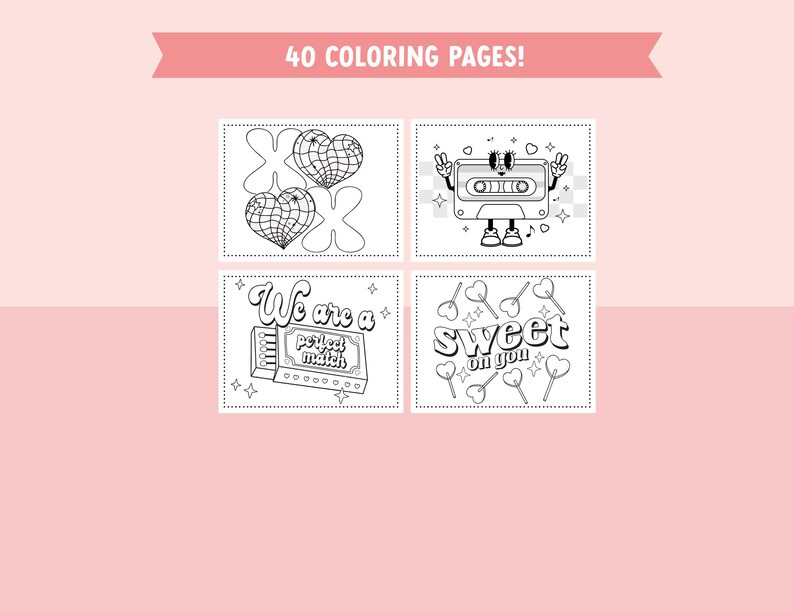 Retro Valentine Coloring Pages for Kids - 40 Groovy and Festive Coloring Sheet Bundle for Valentines Day Coloring Fun image 7