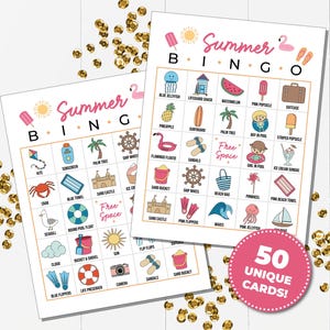 Summer Bingo Game with 50 Unique Bingo Cards, Printable Game for Summer Birthday Party Bingo Game, Summer Vacation Bingo Activity for Kids