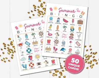 Summer Bingo Game with 50 Unique Bingo Cards, Printable Game for Summer Birthday Party Bingo Game, Summer Vacation Bingo Activity for Kids